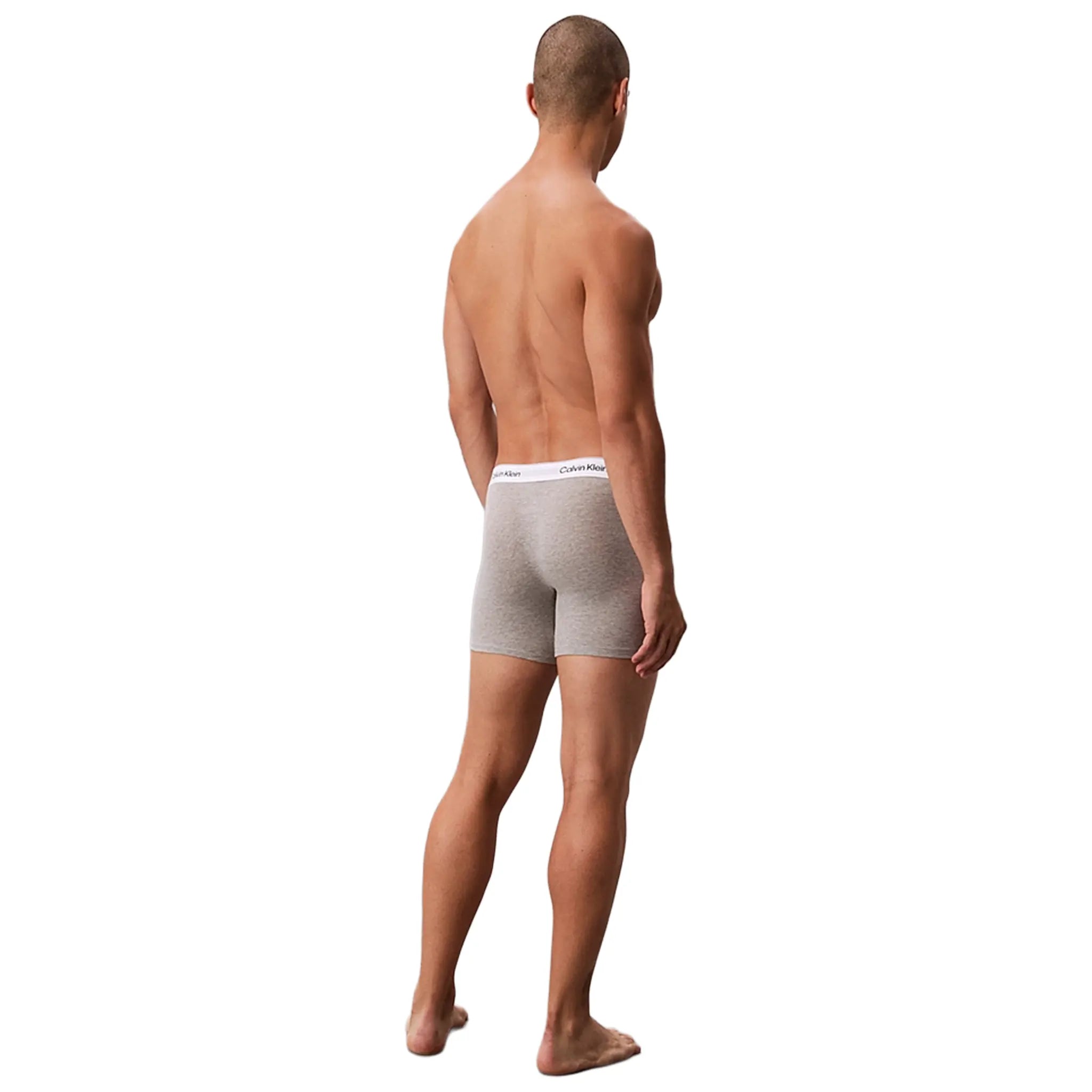 Back View of Calvin Klein White Black Grey Boxer Briefs Three Pack